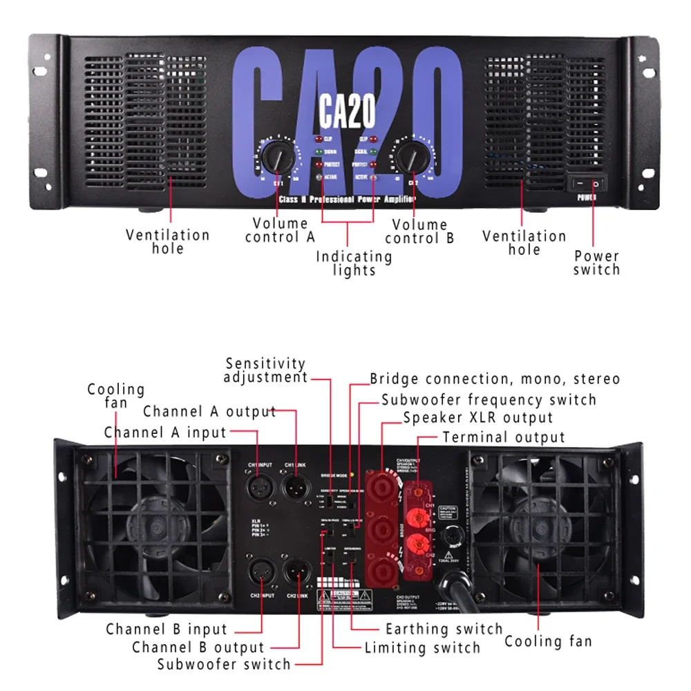 Hot Sale CA18 High Power Amplifier 2 Channel Audio Amplifier 1500W Rated Power Class H Stereo Amp for Live Performance PA System