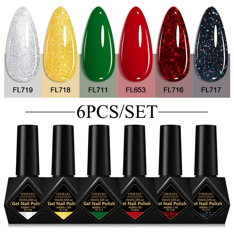 ชุดยาทาเล็บเจลสีคริสต์มาส 6 ชิ้น ขนาด 10 มล. ปราศจากสาร HEMA และ TPO แบบกึ่งถาวร ล้างออกได้ด้วยน้ำยาล้างเล็บเจล สำหรับตกแต่งเล็บช่วงคริสต์มาส