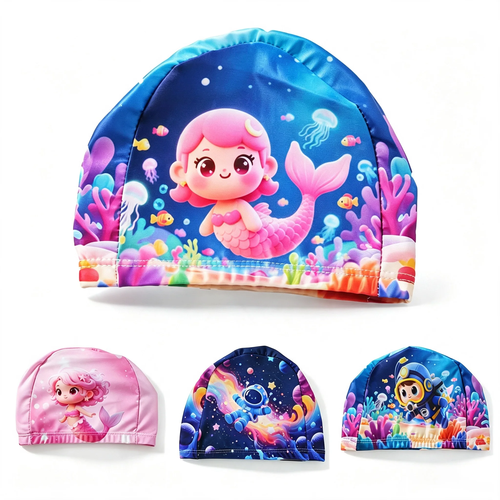 Kids Cartoon Swim Cap, Multiple Prints Optional Stretch Comfort Ear‑Protection Cap for Pool Training Beach Snorkeling Fun