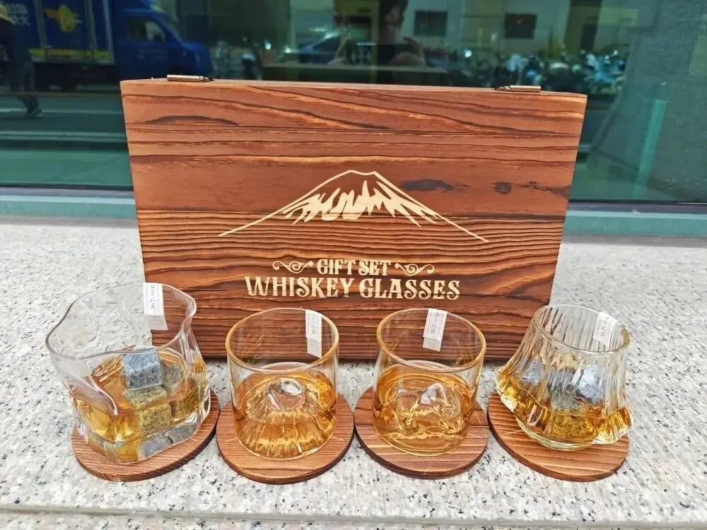 Latest Whiskey Glass Gift Set Wooden Box 4 Different Cup 8 Stone Ice Cube 4 Wood Coaster 1 Storage Bag 1 Clip Best Gift For Man 3