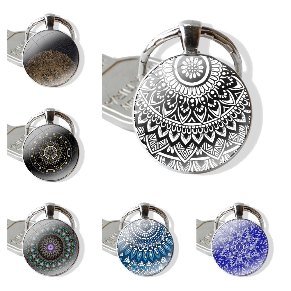 Keychain Handmade Glass Cabochon Key Ring Holder Pendant Key Chains Cartoon Fashion Creative Design Indian Pattern Mandala