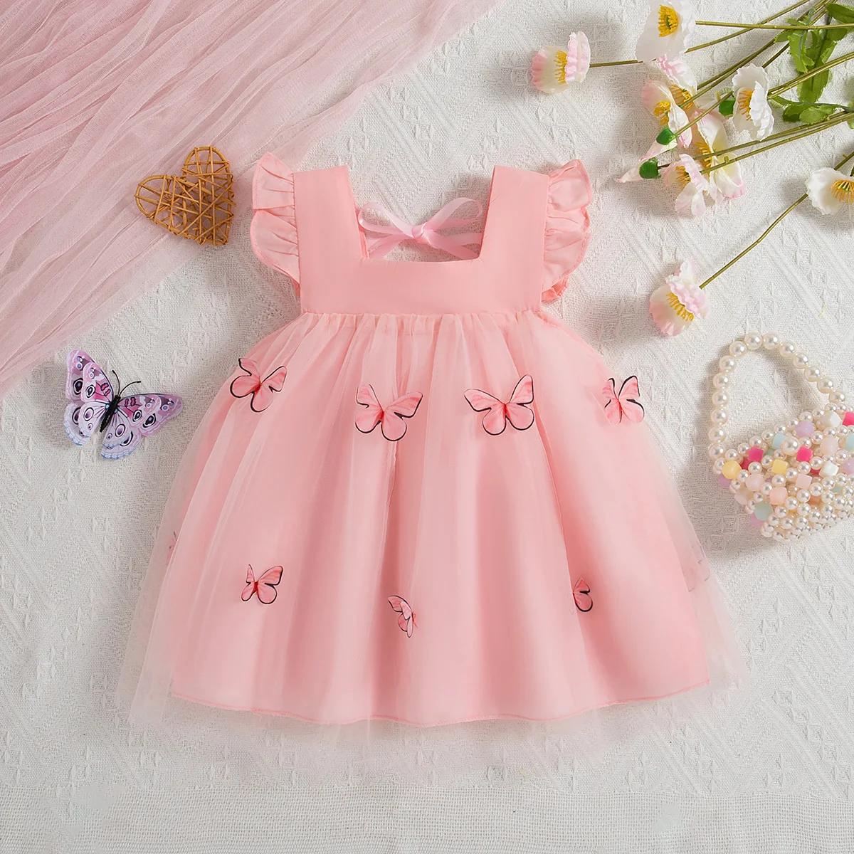 (0-3 Year Old Baby Girl Princess Dress) Summer New Sweet Butterfly Chiffon Children\'S Sleeveless Clothes For Wedding Parties