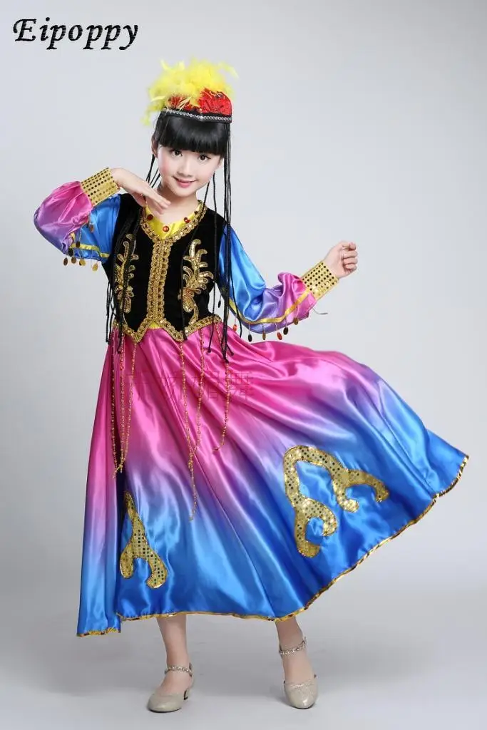 Costumes pour enfants, danse indienne, olympiques ouïgours, danse Xsilk iang, danse nationale pour enfants, grande jupe balançoire