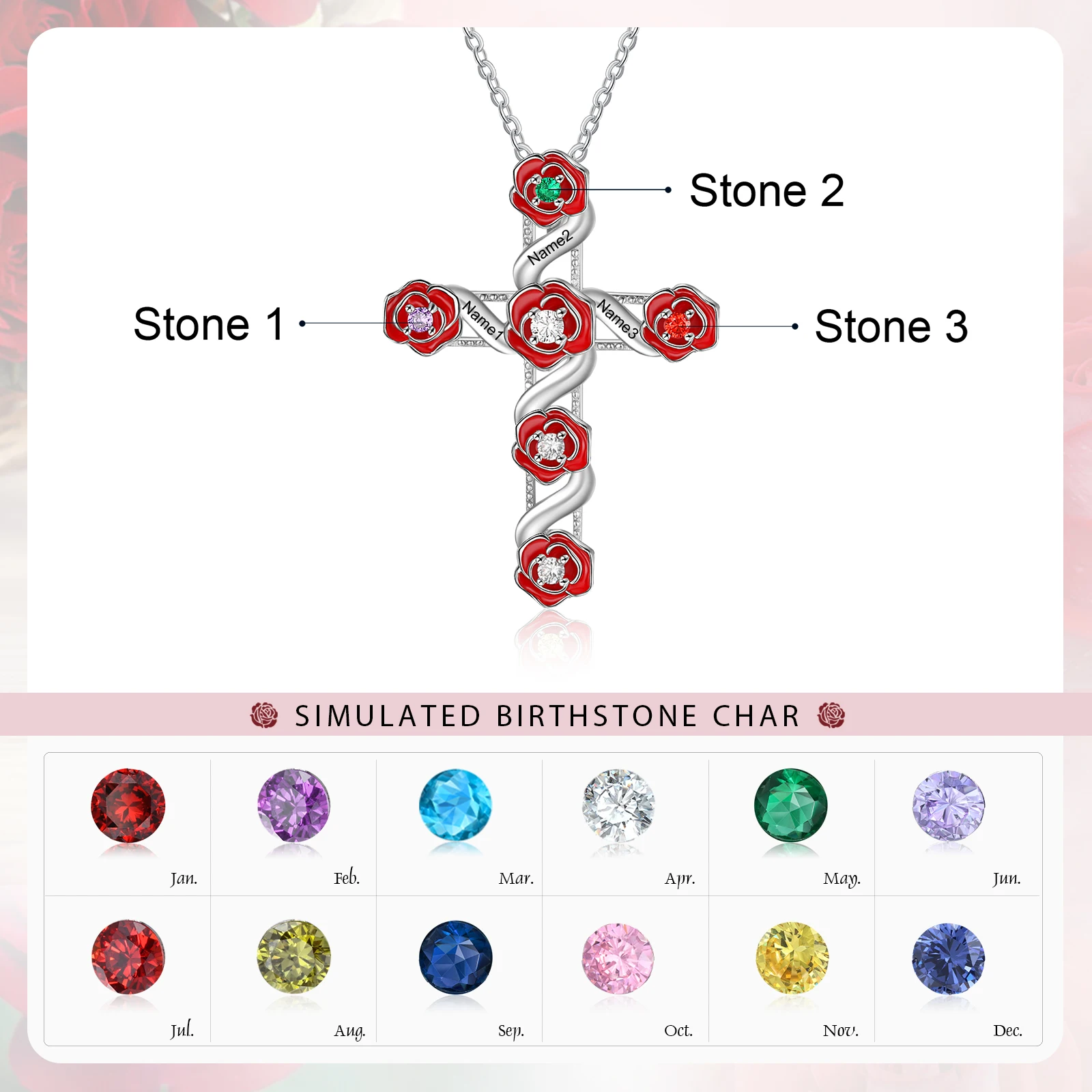 Customized Delicate Rose Flower & Cross Engraved Name Necklace Personalized Birthstone Pendants for Mom Valentines Day Gifts