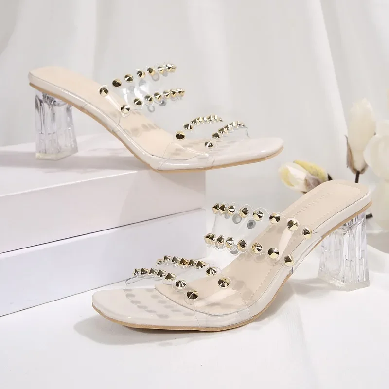 

Shoes for Women 2025 New Summer Outdoor Concise Square Heel Modern Slippers Peep Toe Versatile Transparent Women's Slippers