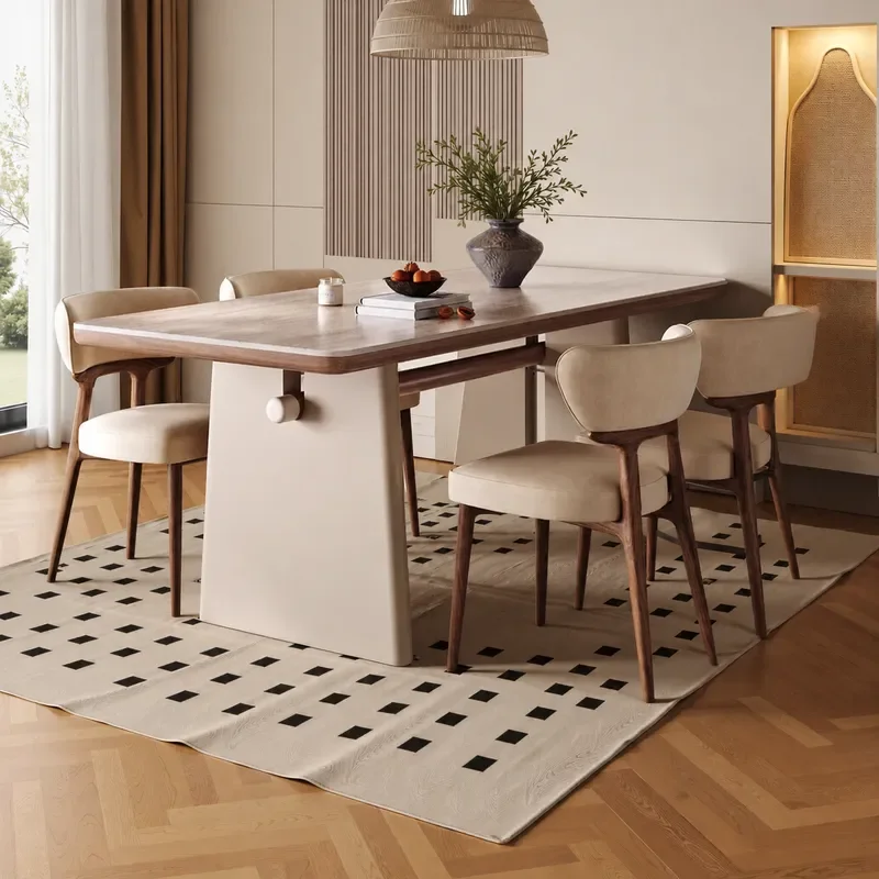 Cream Style Slate Dining Table Retro Solid Wood Rectangular Dining Set for Home Medieval Design Table and Chairs