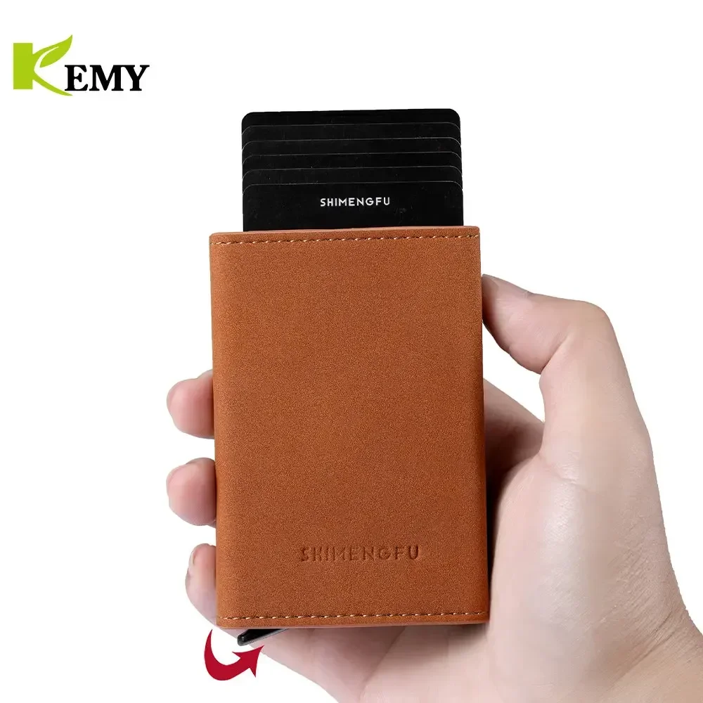 Credit Card Holder Case with Purse Bag ID Window RFID Blocking Automatic Leather Metal Pop Up Men Wallet for Cards and Notes