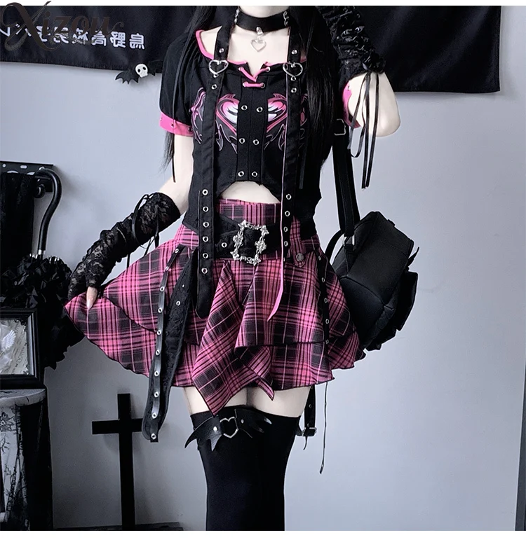 

2025 Summer Women's Subculture 2-Piece Sets High Street Punk Gothic Y2K Lolita Hot Girl Sweet Cool Lace-up Plaid Cake Skirt Top