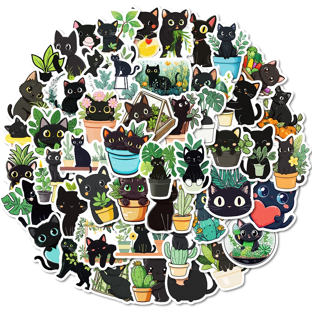 10/30/50pcs Kawaii Plant Black Cat Cartoon Stickers Aesthetic Waterproof DIY Luggage Laptop Cute Animal Decoration Sticker Packs