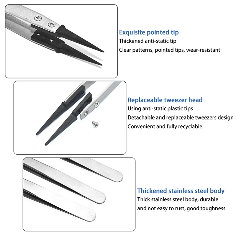 Antistatic Tweezers, Plastic Tipped Tweezers, Electrician Tweezers Curved Flat Interchangeable Tip Antistatic Fixture
