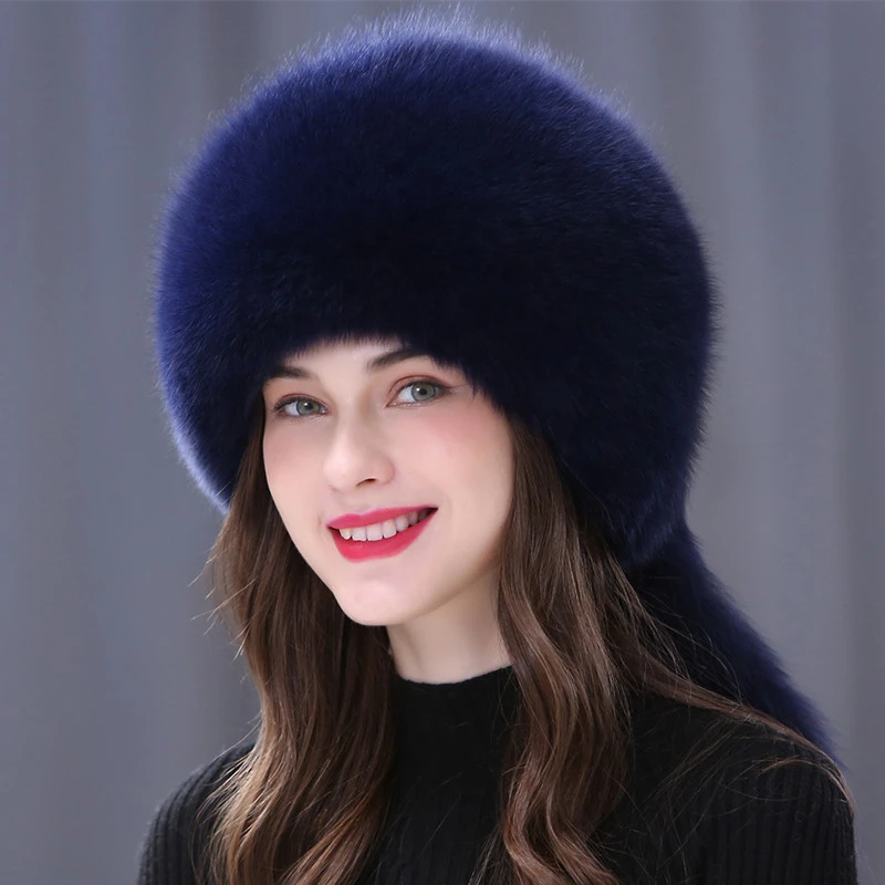 Winter Fur Hat Women Natural Raccoon Fox Fur Russian Hats Winter Outdoor Thick Warm Bomber Ears Caps