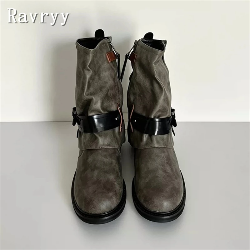 Retro Metal Belt Buckle Ankle Motorcycle Boots Women Fashion Round Toe Thick Heel Side Zipper Short Boots Fall Winter Daily Wear