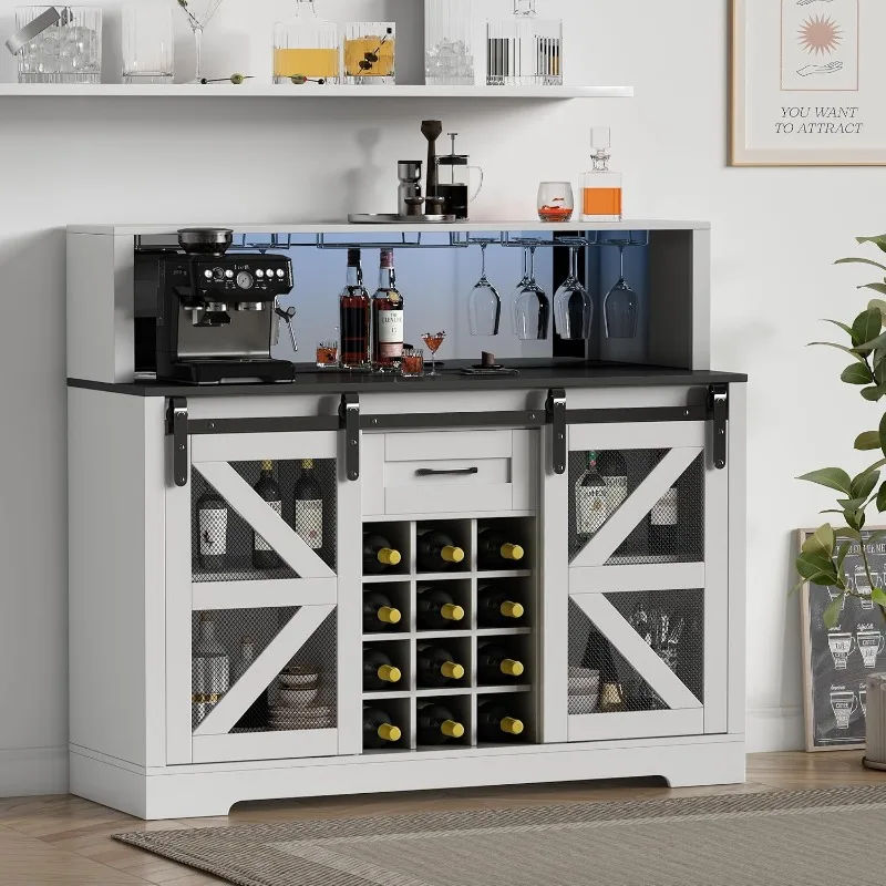 

Wine Bar Cabinet with LED Strip, 48" Farmhouse Wine Cabinet with 12 Wine Racks and Power Outlet, Sliding Barn Door, Liquor Cabin