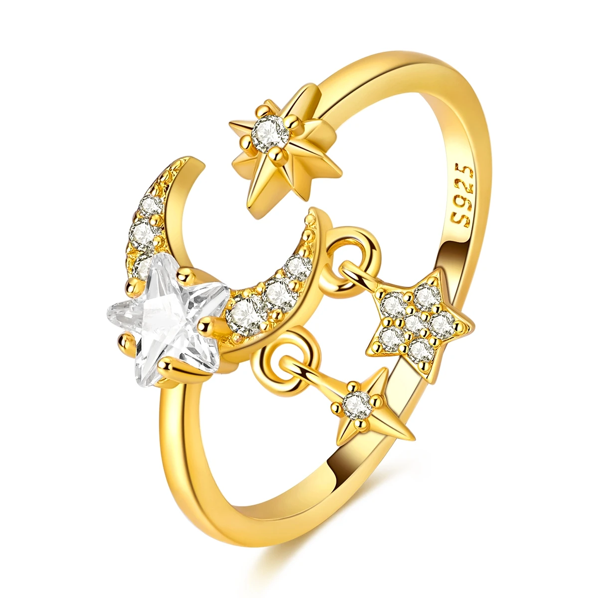 925 Sterling Silver Star Moon Tassel Open Rings Sparkling Zircon Ring For Women Girls Birthday Anniversary Jewelry Gifts