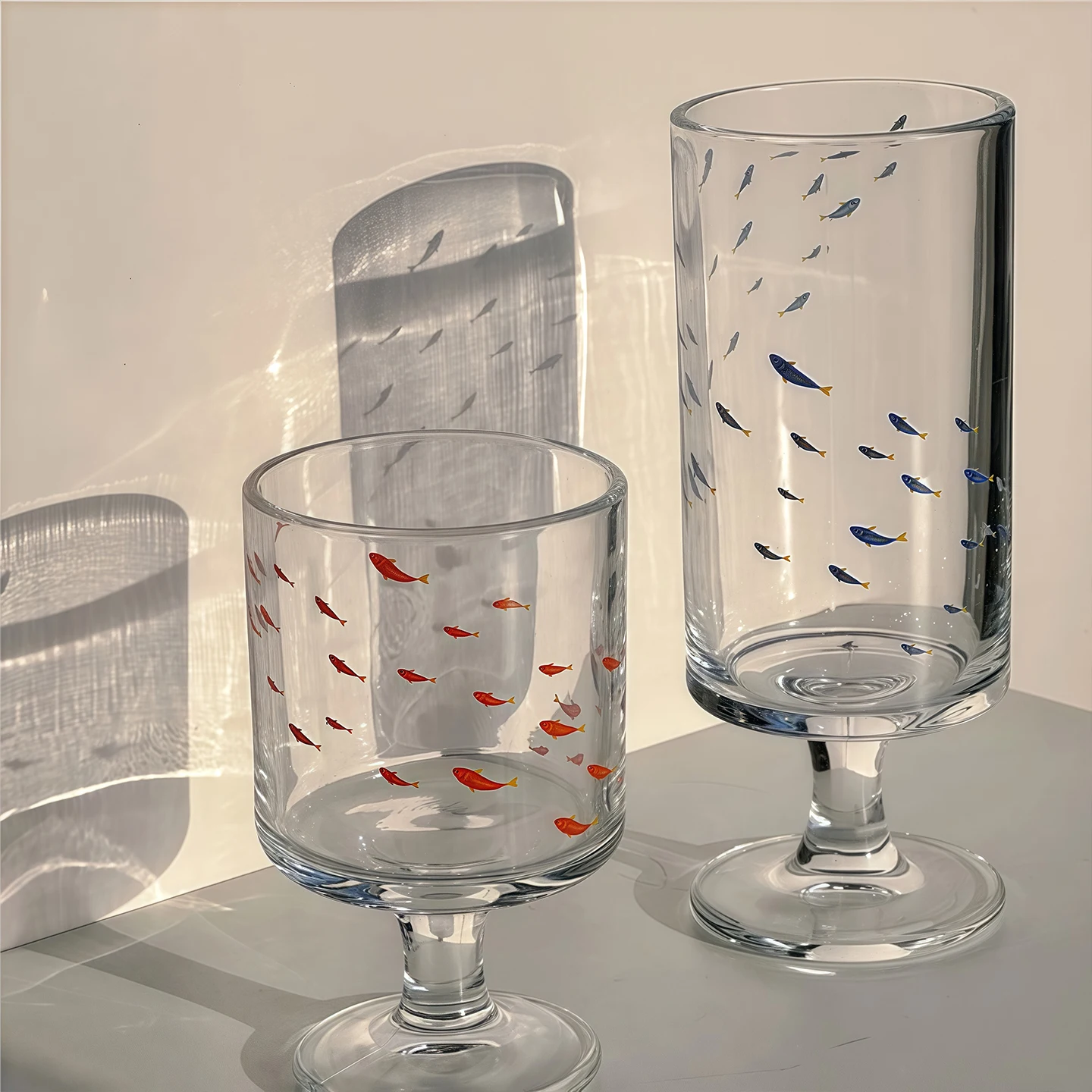 Small Fish Printed High Footed Cup,Heat-resistant Light Shadow Home Glass Cup,Milk Beverage Cup,Light Luxury Niche Personal Cup