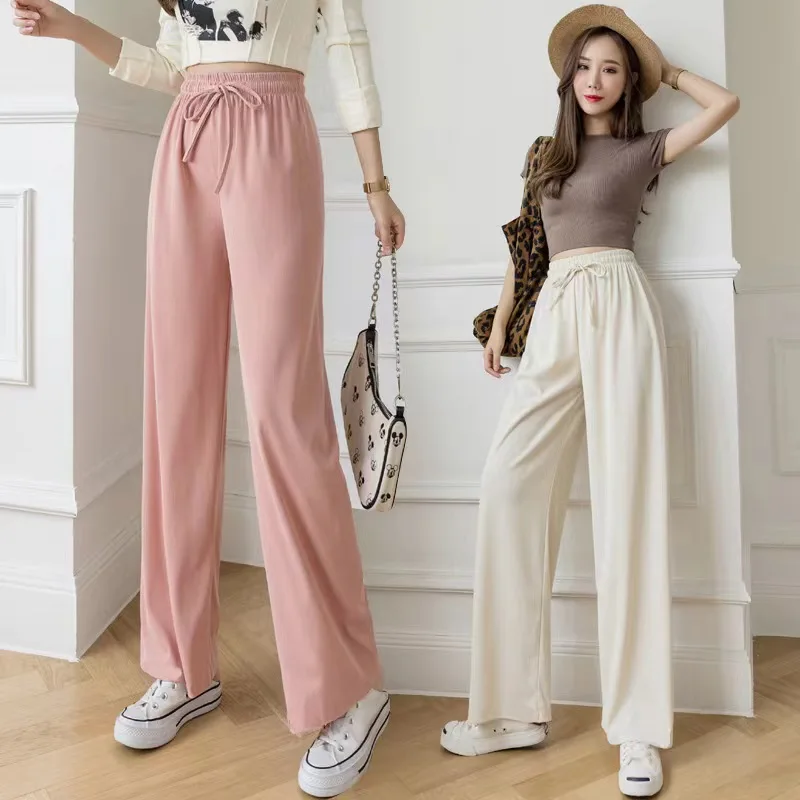 Women's Long Pants Spring and Summer Ice Silk Wide Leg Pants  High Waisted Loose Straight Leg Casual Pants Women's Outdoor Pants