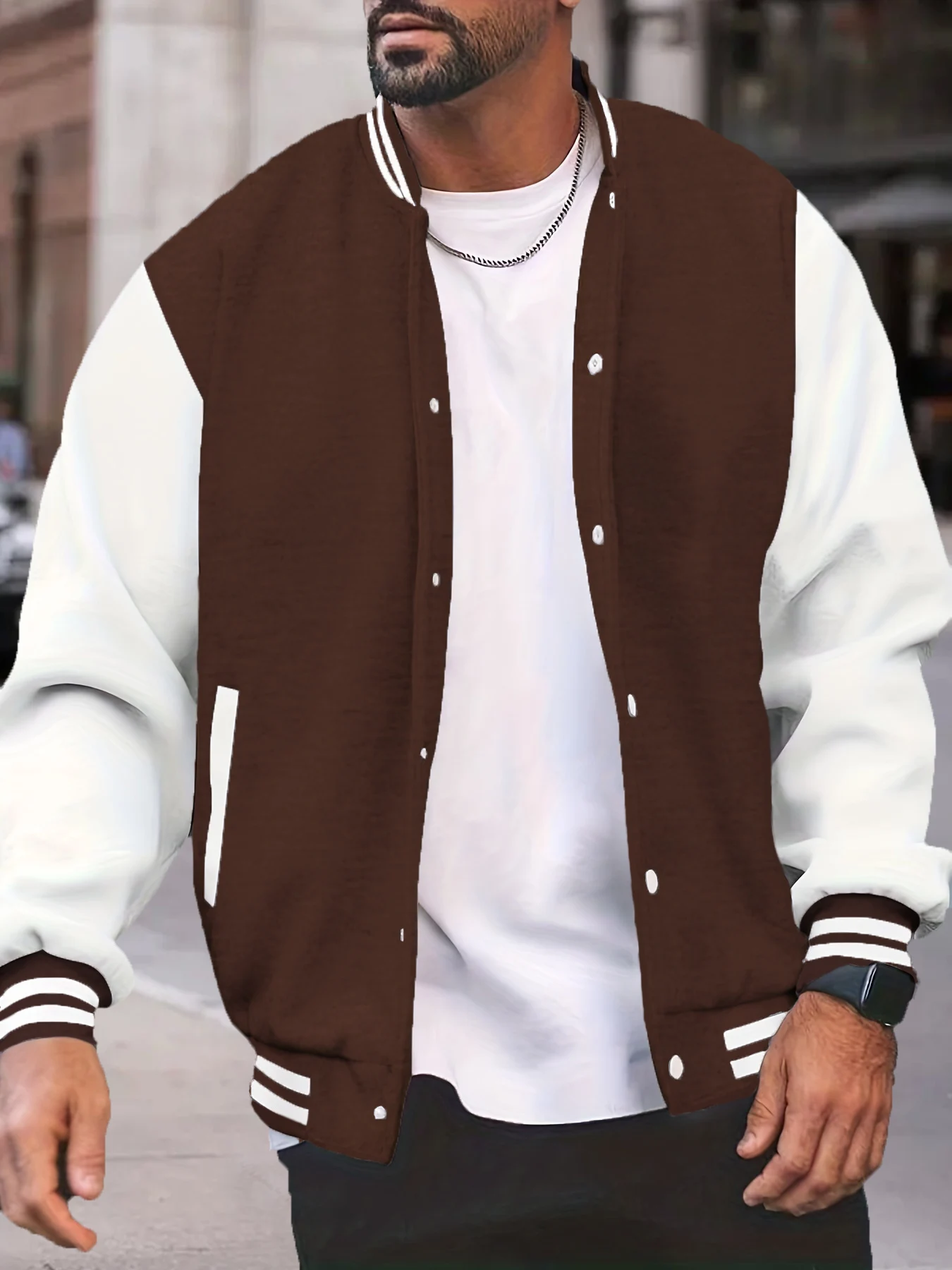 Men's Coffee White Colorblock Baseball Jacket Spring Fall Streetwear Loose Varsity Coat
