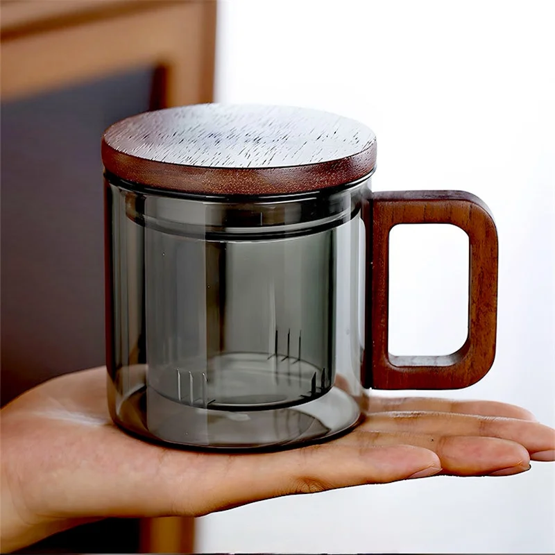 300ml Heat Resistant Glass Tea Cup With Wooden Handle Puer Filter Cups Tea Water Separation Mug Kung Fu Tea Cup Set