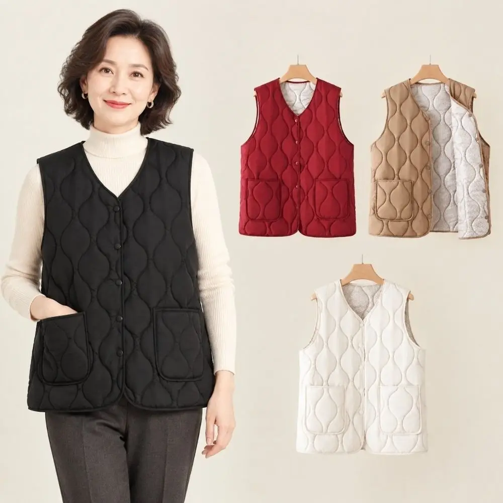 Loose Fit Snap Button Women's Vest Sleeveless Plus Size Cotton Vest Warm Cotton Fill Loose Waistcoat Casual Daily Wear