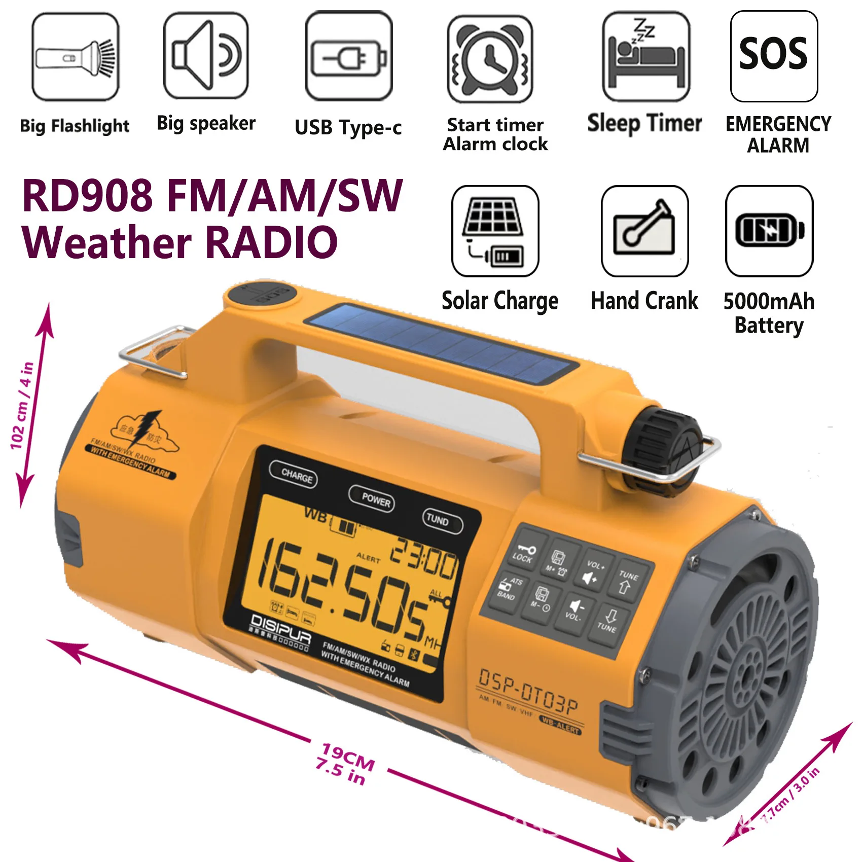 Emergency Radio with AM/FM/SW/WB Four Bands, Hand-cranked Generator, Large Capacity Battery and High Power Flashlight