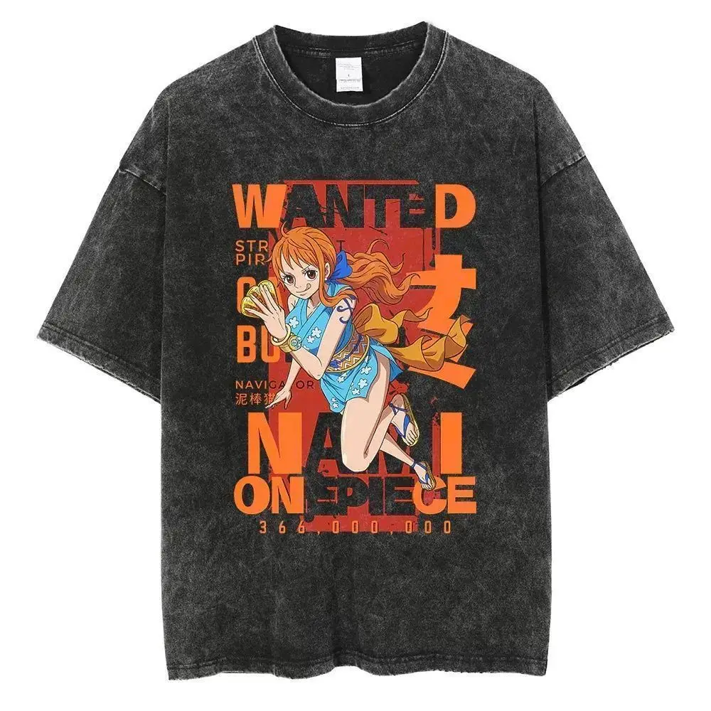 

Summer Men's T Shirts One Piece Luffy Print Vintage Washed Short Sleeved Tees Women's Oversized Casual Harajuku Y2k Clothes Tops