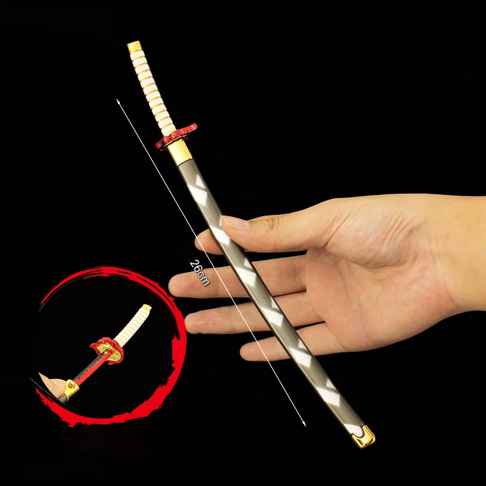 Katana Demon Slayer Rengoku 26cm / 10.23in Replica in Lega di Zinco con Fodero e Pulsante di Espulsione, Giocattolo da Collezione per Fan di Anime