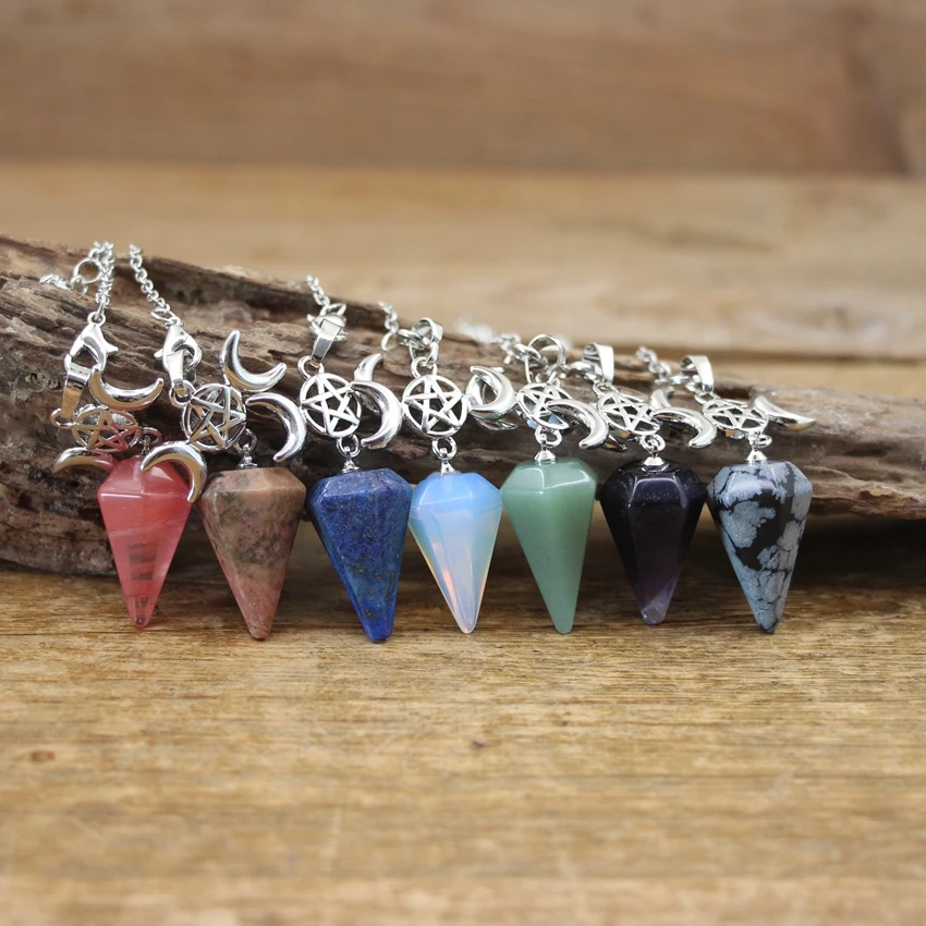 

Natural Gemstone Moon Star Pendulum Pendants Healing Reiki Crystal Cone Dowsing Meditation Divination Amulet Jewelry,QC6020