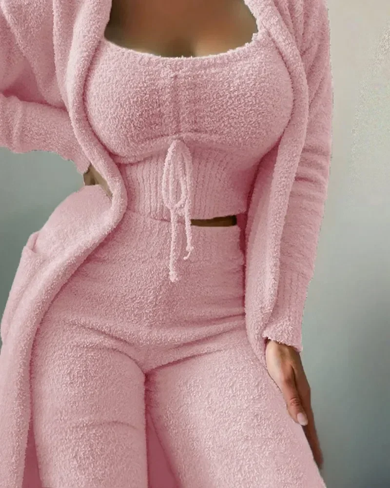 

2025 New Luxury Women's Plush Pajamas Set Crop Top+Long Pants+Coat 3 Pieces Suit Homewear Female Matching Sets Warm Pyjamas Pjs