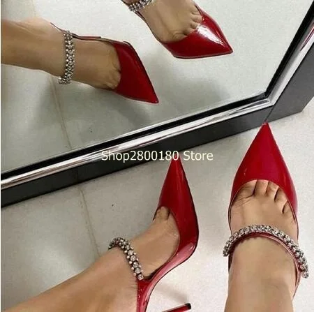 Black White Red Patent Leather Pointed Toe Crystal Strap Slip On Slippers Women Fashion Shallow 6 8 10 CM Thin Heels Mules Shoes