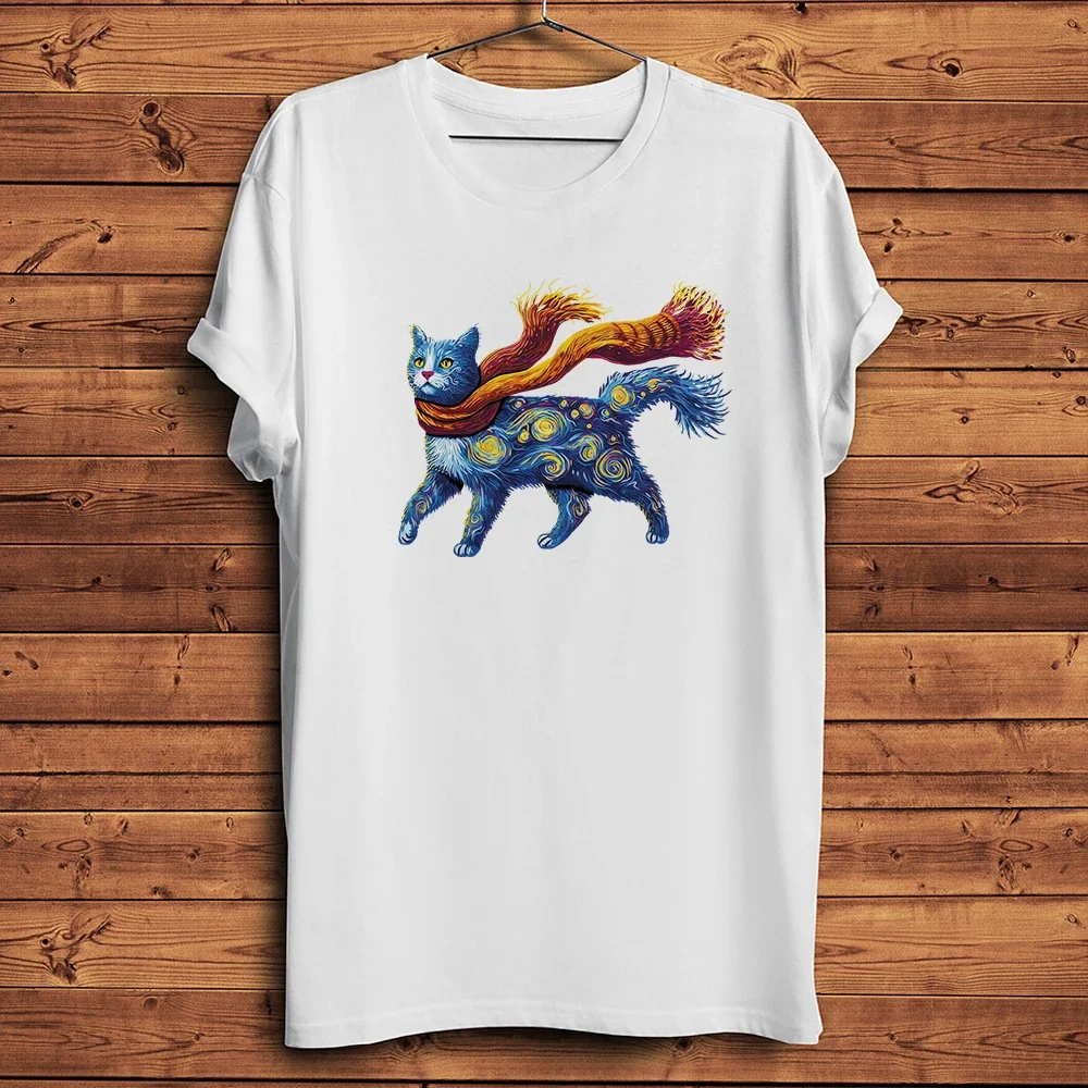 Van Gogh The Starry Night Skin Cat Funny Artistic Tshirt Men Casual Short Sleeve T Shirt Unisex Streetwear Tee Breathable Print