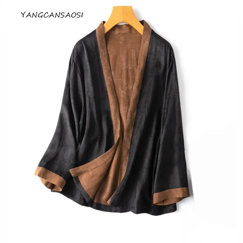 Luxury Quality 100% Natural Mulberry Silk Jacquard Black Gambiered Guangdong Gauze Loose Women's Fashionable Jacket