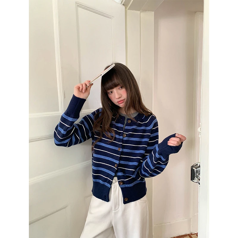 MEXZT Vintage Striped Knitted Cardigan Women Harajuku Patchwork Sweater Outerwears Korean Long Sleeve Knitwear Winter Jumpers