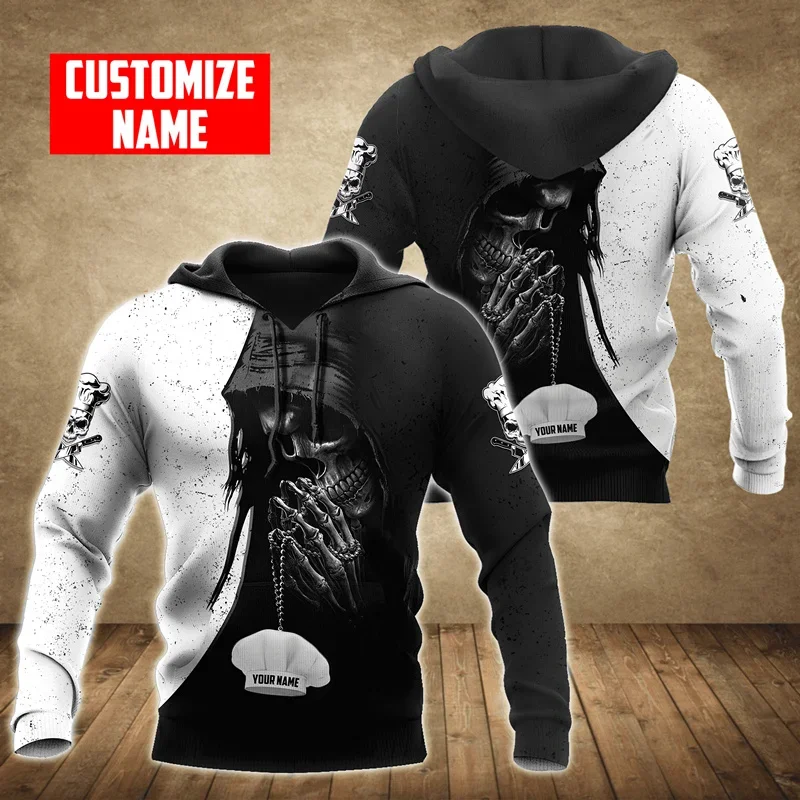 Sweat à capuche unisexe avec nom personnalisé Reaper Skull Chef pour hommes, impression 3D, sweat-shirt d'automne, vêtements de rue décontractés, sweat à capuche zippé, nouveau, B0040