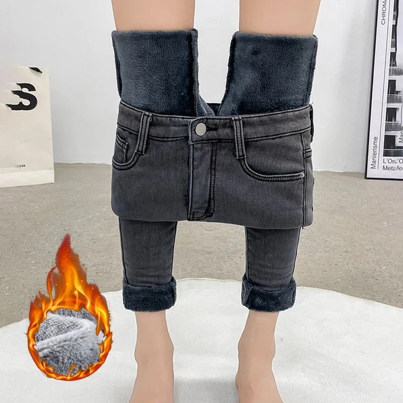 

Зимние женские модные термоджинсы, теплые плюшевые облегающие тонкие джинсы для девочек, корейские повседневные джинсовые брюки, классические прямые брюки