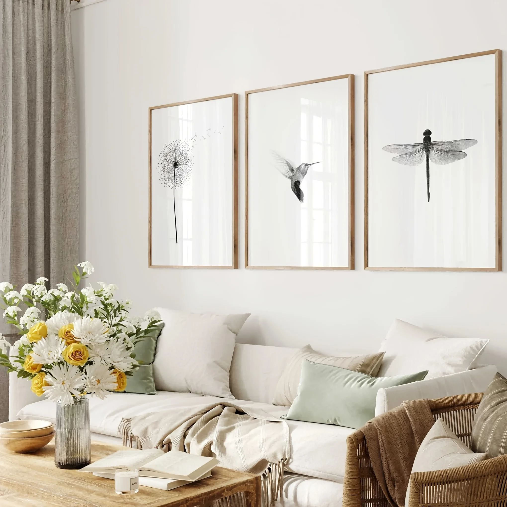 3pcs frameless Canvas Painting 3pcs/set Nordic Dandelion Hummingbird Dragonfly Animal Canvas Print Black White Minimalist Wall A