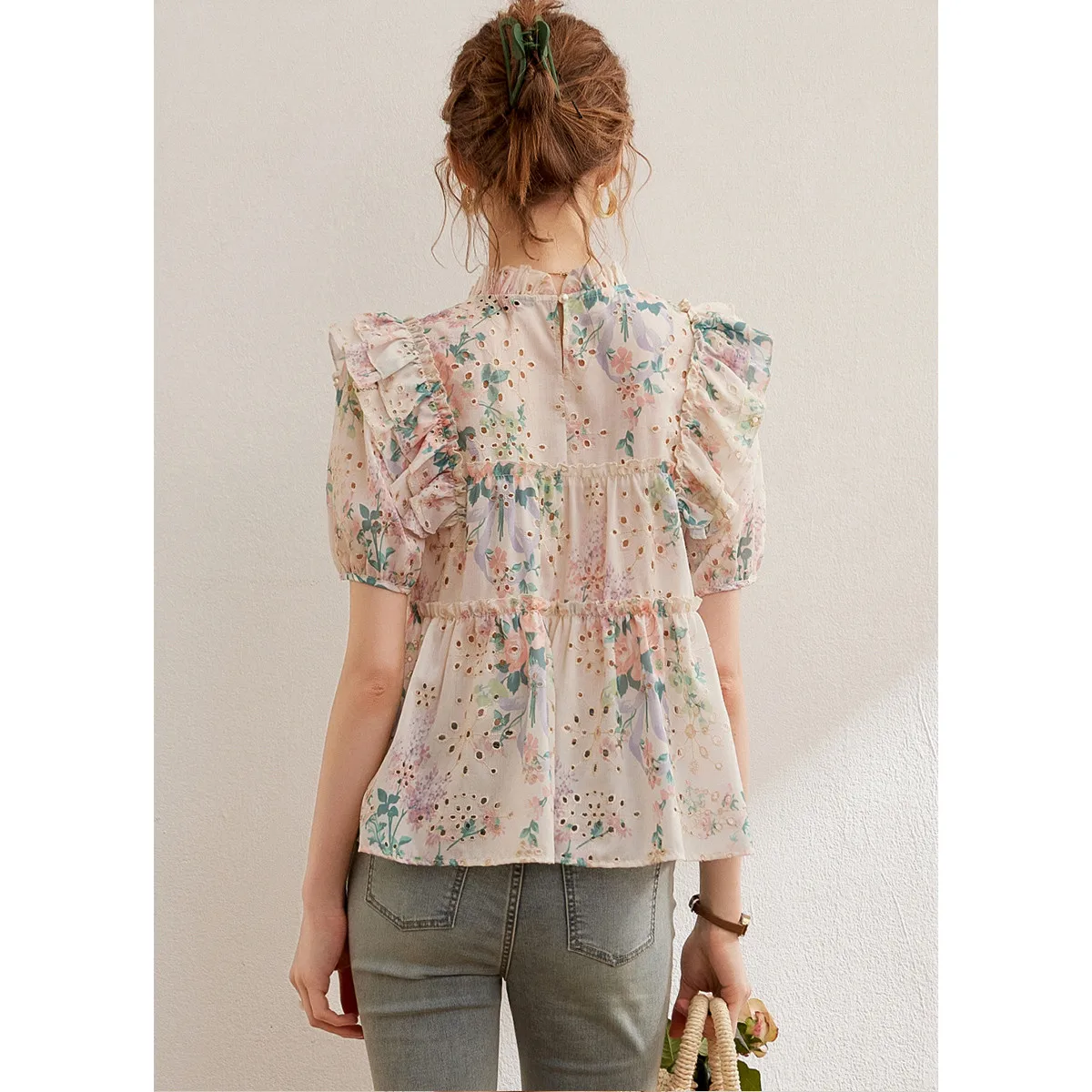 LOUIS YAO Women Embroidery Hollow Out Shirt 2024 Summer Blouses Stand Colloar Short Sleeve Elegant Pullover Top