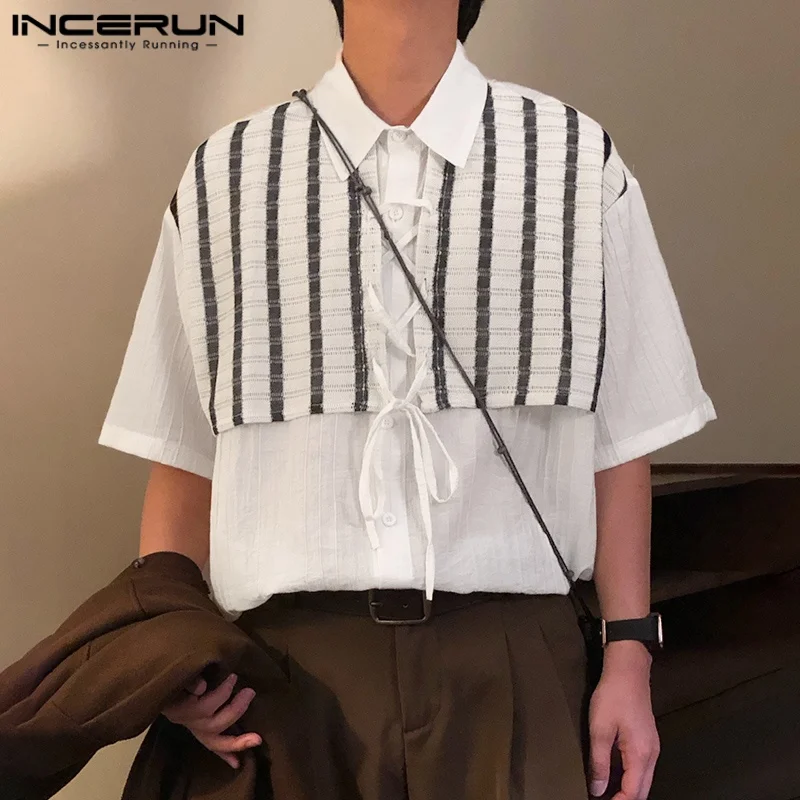 

INCERUN Men Shirt Lace Patchwork Pleated Lapel Short Sleeve Lace Up Men Clothing Summer Loose Streetwear Casual Male Shirts 2025