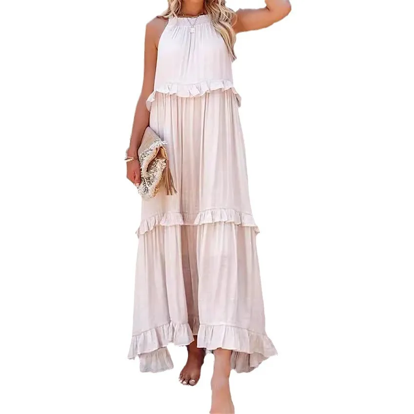 Women Summer Solid Boho Beach Maxi Dress O Neck Sleeveless Back Bow Tie Pocket Big Hem Ruffles Elegant Vacation Dresses Robes