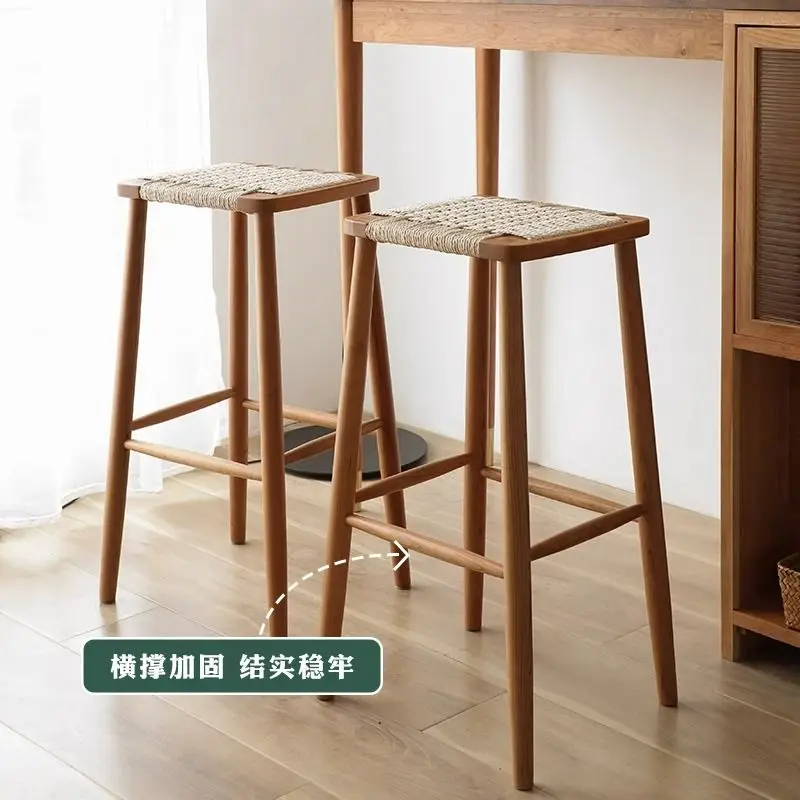 Rope rattan bar stool solid wood bar chair household high chair light luxury bar restaurant island chair cotton and linen backre