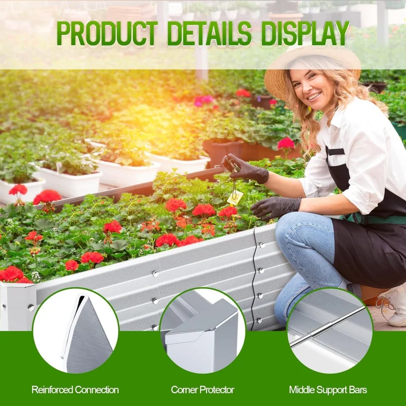4x2x1ft Galvanized Metal Planting Bed Kit for Outdoor Gardening Silver Large Size - Includes Space for Vegetables Herbs And Flow