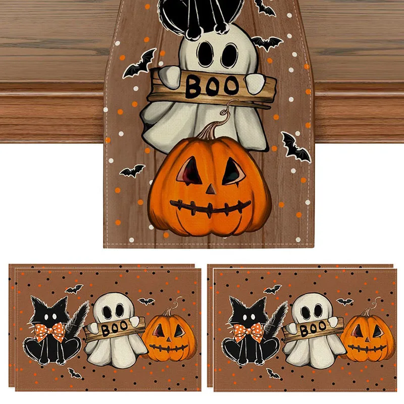 Halloween Table Runner and Placemats Set - American Linen Look - Waterproof Long Table Runner - Halloween Party Dining Decor Set
