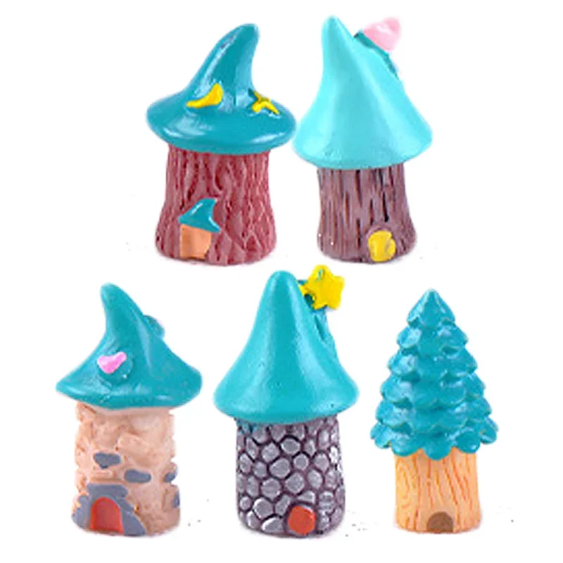 5PCS Christmas Blue Tree House Miniature Figurine DIY Accessories Doll Building Home Decoration Simulation Plastic House Toys