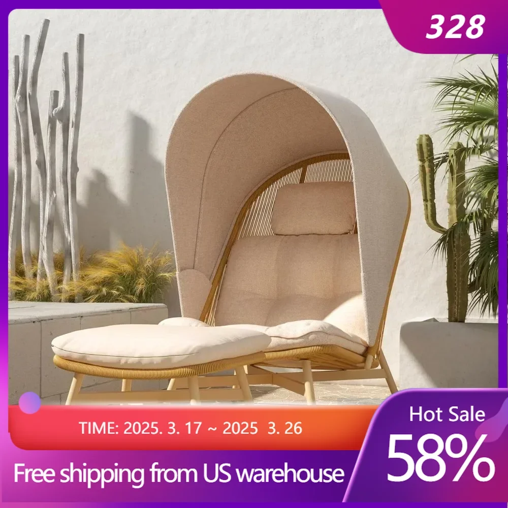 Wicker Folding Egg Chair with Ottoman, Open Weave Wicker, 2-Piece Boho Oversize Lounge Chair, Sun Shade