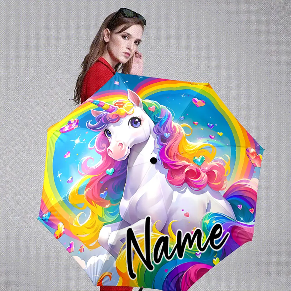 Custom Name Umbrella Cute Rainbow Unicorn with Hearts and Stars 8 Iron Ribs Folding Umbrella Auto-Open Fashion Sunshade