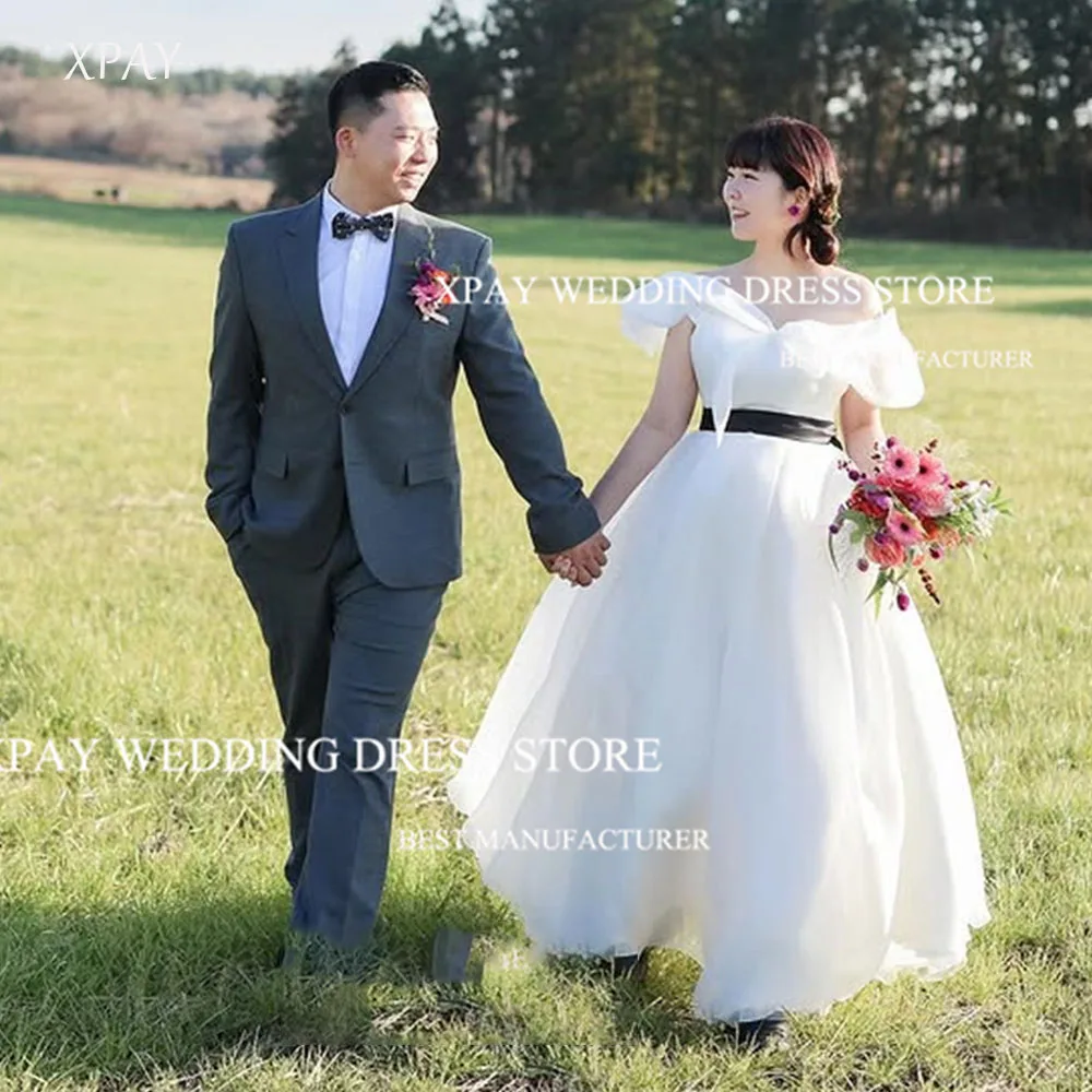 

XPAY Princess Ruffle Off Shoulder Wedding Dresses Korea Photo Organza Black belt Floor-Length Bridal Gowns 웨딩드레스 Customized