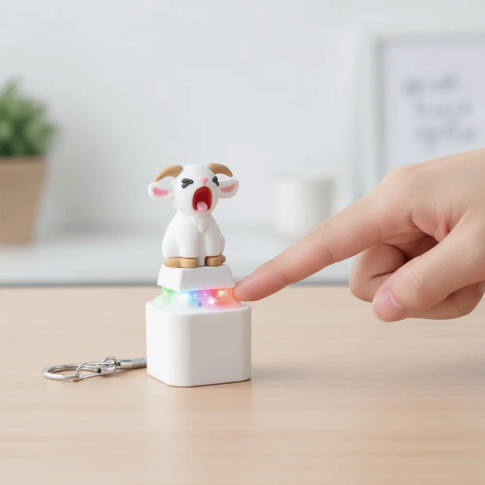 Rechargeable Screaming Goat Key Chain LED-Glowing Sound-Effect Mechanical Key Cap Anti-Stress Portable-Clicky Sounding Key Ring