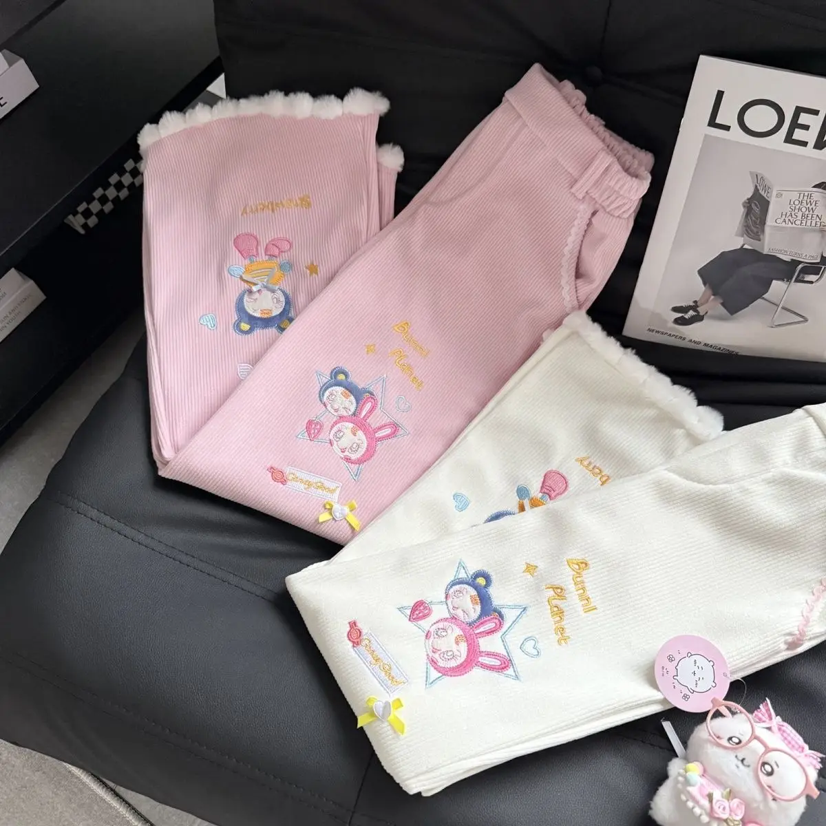 Japanese Cartoon Mp Rabbit Embroidery Jojifuku Casual Loose Women Pants Winter Spring New Corduroy Lining Sweet Girl Sweatpants