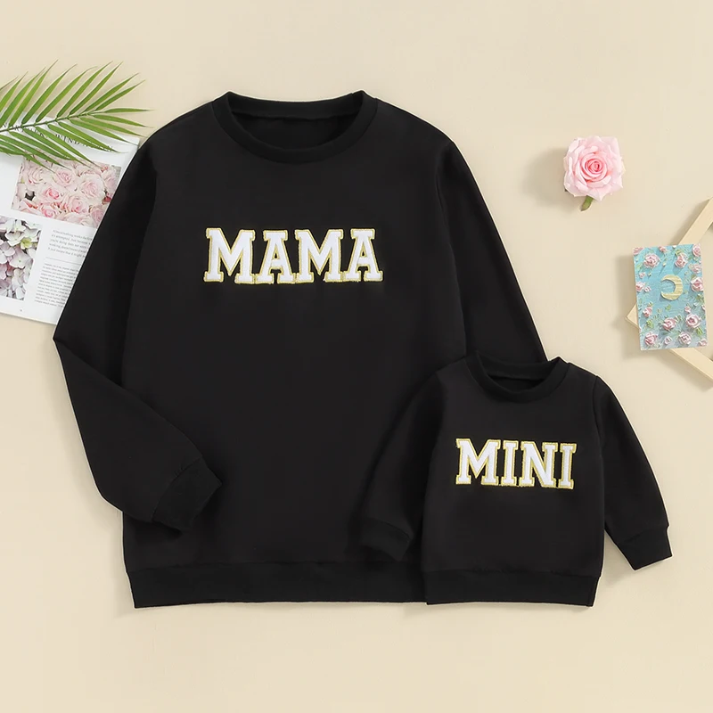 Mommy and Me Matching Outfits Letter Print Crewneck Pullover Sweatshirt Long Sleeve Shirt Tops Baby Clothes