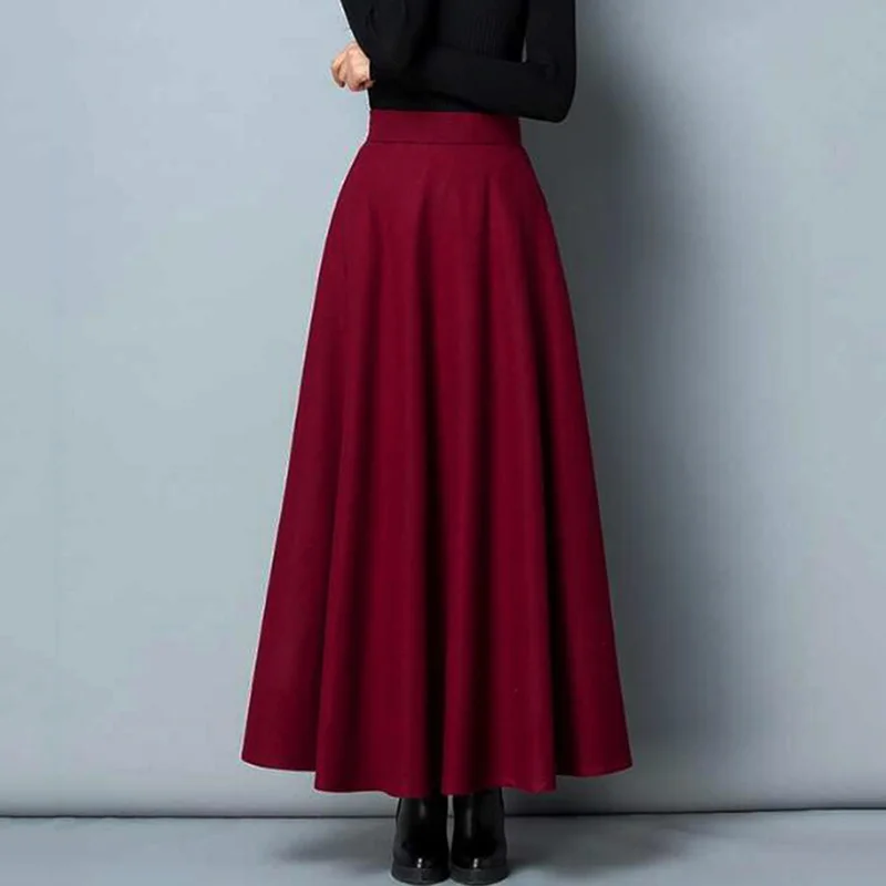 Jupe trapèze longue en laine pour femme, jupes longues monochromes, streetwear tout assressenti, taille haute, vintage, chaud, optique, femme, automne, hiver
