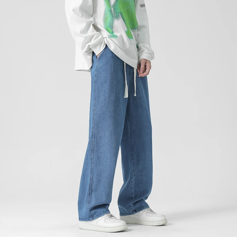 New Streetwear Baggy Jeans Men Korean Fashion Loose Straight Wide Leg Pants Men's Denim Trousers Light Blue Black 5XL